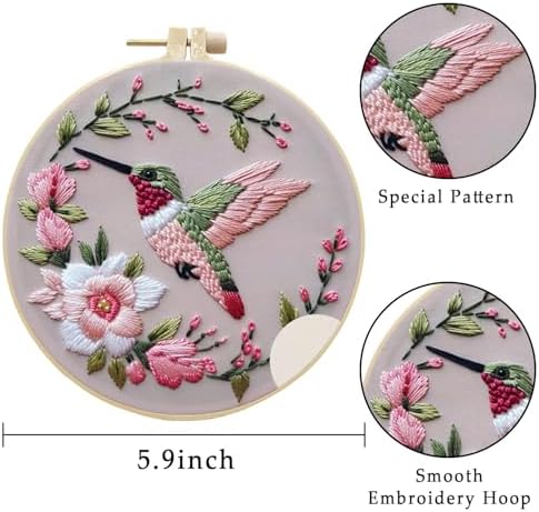 LB 3 Pack Hummingbird Flower Embroidery Kit for Beginners Funny Simple Beginner Embroidery Kit for Adults DIY Starter Kit with Embroidery Hoop Colorful Threads Tools Step by Step Instructions
