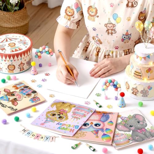 Saillong 12 Pack Happy Birthday Diamond Painting Greeting Card Kits DIY Animal Birthday Diamond Art Cards with Envelopes Cake 5D Rhinestones Painting Kits for Adults DIY Crafts Family Friend Gifts