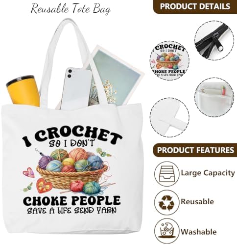 Crochet Knitting Supplies Canvas Tote Bag Makeup Bag Set, Crochet Accessories Gifts for Women Grocery Cosmetic Bags