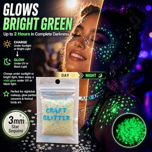 Sourcingbay Glow in The Dark Star Glitter | 3mm Luminous Sequins for Nail Art, Slime, Resin Craft & Party Decor | 0.35oz Natural Color | PVC Non-Toxic Phosphor Coating
