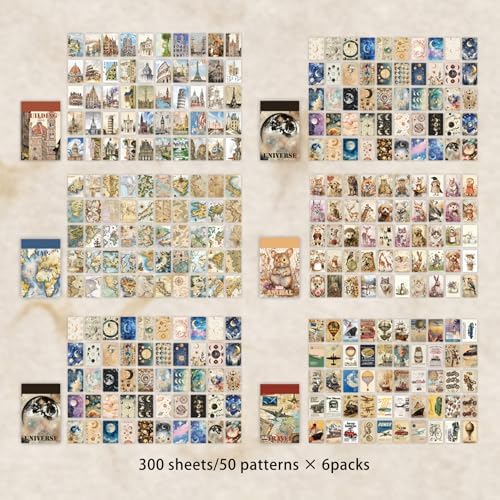 300 Pcs Vintage Aesthetic Washi Stickers Book - 6 Daily Life Scenery Themes Scrapbook Stickers Set for Journaling, Bullet Journal, Art Diary, Planner Notebook, Craft Gifts for Creatives