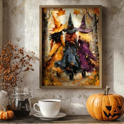 Whaline Halloween Fall DIY Paint by Number Kits Unframed Witch Maple Leaves Oil Painting Canvas Acrylic Filling Painting by Number for Autumn Home Party Wall Decoration, 16 x 20 Inch