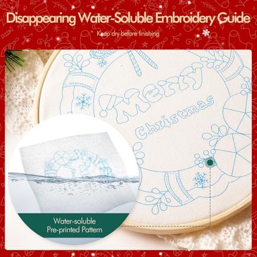 wtisan Christmas Embroidery Kit, Cross Stitch Kits for Beginners, Needlepoint with All Tools & Instructions, Stamped Hand Embroidery Starter Kit for Holiday Crafts & Xmas Home Decor, W19