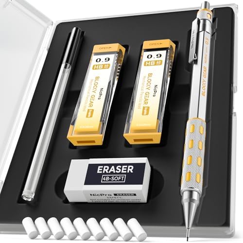 Nicpro Blocky Gear 0.9 mm Mechanical Pencils Set, Metal Pencil with Case