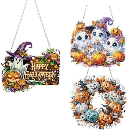 AIBOERL Diamond Art Hanging Kit for Adult,Special Shaped Rhinestone,Double Sided 5D DIY Acrylic Diamond Art Painting Window Pendants Home Garden Wall Hanging Kits Hanging Ornament (3 Pack Halloween)