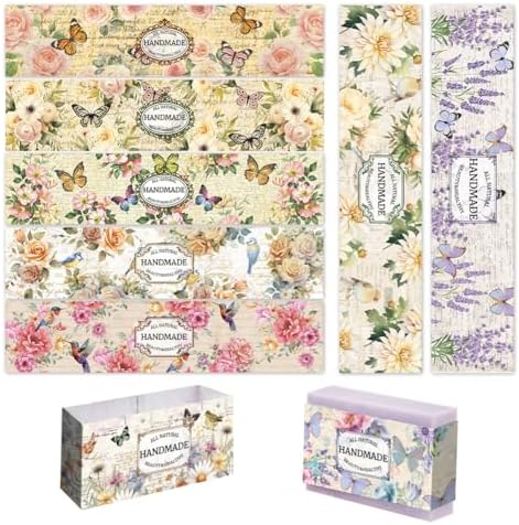 PH PandaHall 90pcs Vintage Plant Wrapper Tape, 9 Styles Flower Soap Packaging Paper Vertical Soap Paper Tag Soap Sleeves Covers for Handmade Soap Lotion Bars Bath Gift Wrapping, 21x5cm/8.2x1.9inch