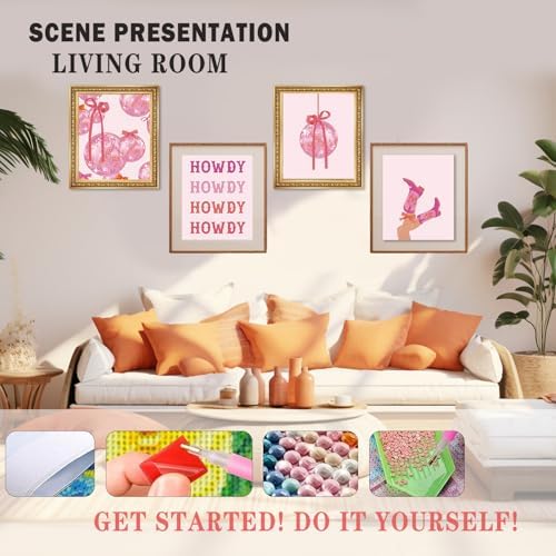 XUNLURY Pink Preppy Bows Western Diamond Art Kits 4 Pack 10x11.8 Inch, Cowgirl Room Decor Trendy Coquette Pink Bow Disco Ball Howdy DIY Diamond Gem Painting Art Kits for Girls Kids Adults Beginners