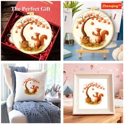 Zhenqing Squirrel Embroidery Kit for Beginners, Autumn Harvest Needlework Craft with Pre-Printed Cotton Fabric, Hoop, Threads & Tools, Woodland Fall Decor (C0219)