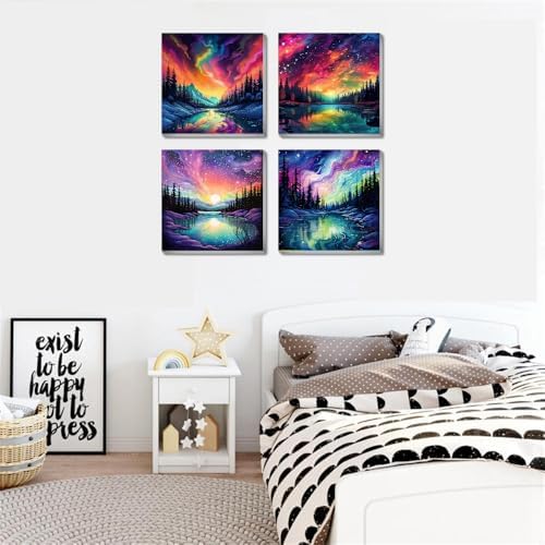 FQOVKYN 4 Pack Landscape Paint by Number for Adults Framed Canvas, DIY Aurora Arts and Crafts for Adults Beginner with Paint Brushes, Acrylic Paint Set for Home Wall Decor, 8 * 8 Inch