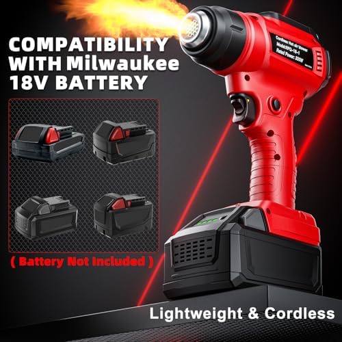 Cordless Heat Gun for Milwaukee 18V Battery, 350W 1022°F (550°C) Soldering Heat, Variable Temperature Control Hot Air Gun Kit with 4 Nozzles and Scraper, for Shrink Tubing, PVC Wrap(NO Battery)