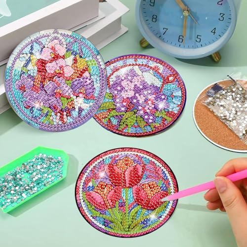 8 Pcs Diamond Art Coaster Kit for Adult with Holder, Diamond Coasters 4x4in