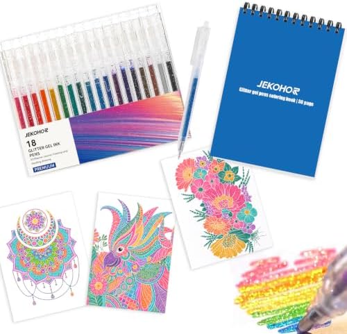 18 Glitter Gel Pens Set with 30-Page Coloring Book Floral, Animal Mandala