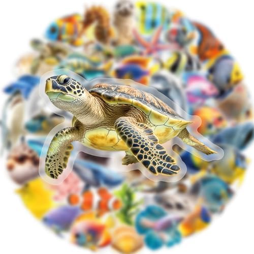 50 Pcs PET Transparent Underwater World Stickers, Waterproof Vinyl Marine Life Decals for Laptop Skateboard Luggage, Colorful Ocean Creature Stickers Gift for Kids Teens Adults(The Underwater World)