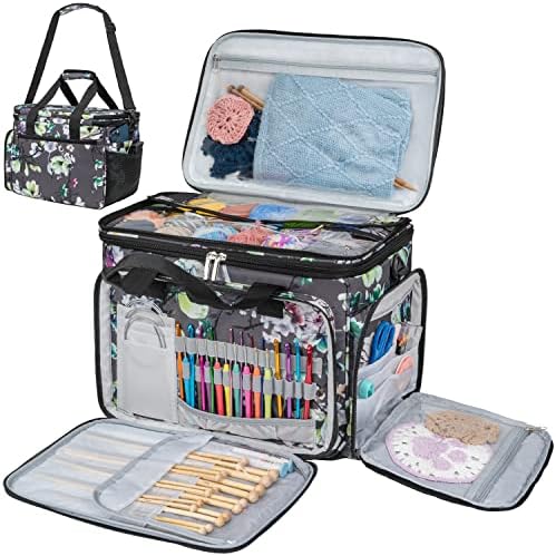 PAVILIA Knitting Yarn Storage Bag Crochet Knitter Organizer, Floral Grey