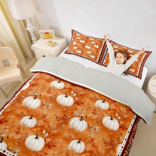 Erosebridal Fall Thanksgiving Duvet Cover King Size Pumpkin Maple Leaves Bedding Set for Adults Teens Women Warm Harvest Comforter Cover Fall Bedclothes Room Decor
