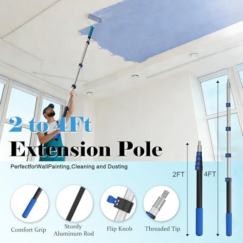 Paint Roller Kit with Extension Pole, 2-4FT Adjustable Pole, Professional 27-Piece Paint Kit, 4"9" Paint Rollers, Paint Brushes for Walls, Works with All Latex, Oil-Based Paints and Wood Finishes