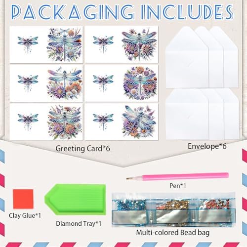 Diamond Art Cards with Envelopes–6PCS DIY Diamond Painting Greeting Cards Kit | Card Making Kit with Bling for Adults & Beginners | Birthday,Holiday & Thank You Cards (Flower Dragonfly)