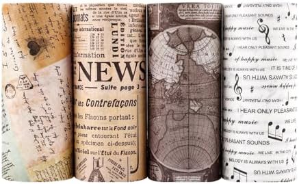Dizdkizd Vintage Wide Washi Tape Set Map Newspaper Masking Tapes Stickers for Junk Journals, Scrapbooks, Arts & Crafts Tape, Great for Making Cards, Collages, Gift Wrapps, 3.5 Inches × 4 Rolls