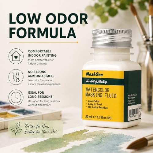 Watercolor Masking Fluid Set with Low Odor Formula, 50ml (1.7 fl oz), Applicator & Eraser