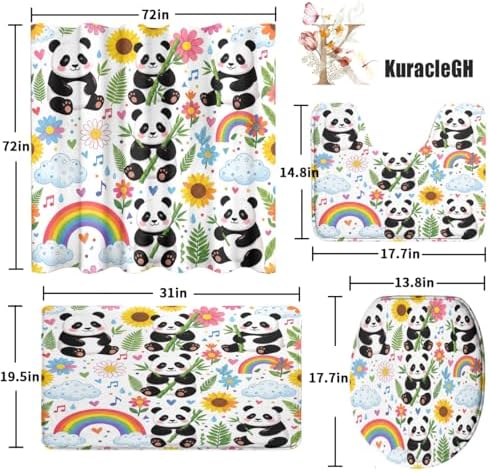 Cartoon Animal Baby Panda Shower Curtain Sets 4 Piece,Kawii Spring Forest Rainbow Bathroom Decor Sets with Rugs,Aesthetics Flowers Bamboo Leaves Waterproof Toilet Lid Cover Bath Mat