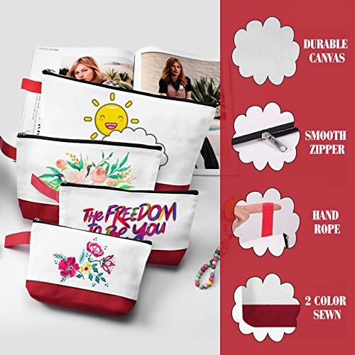 10 Pieces Cotton Canvas Makeup Bag with Bottom and Strap, Multi-Purpose Cosmetic Bag with Zipper Travel Toiletry Pouch, Blank DIY Craft Bag (White&Red, XS)