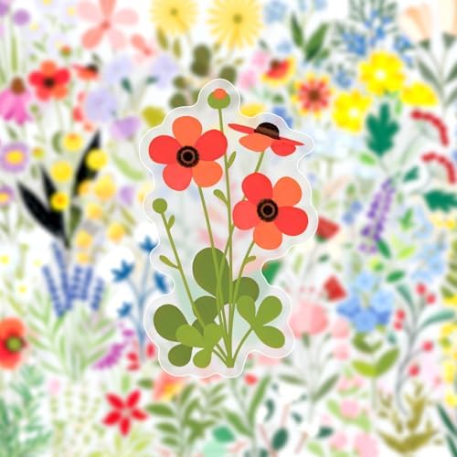 50PCS Transparent Flora Scrapbook Stickers, Flower-F | Vintage Aesthetic Flowers, Vinyl Waterproof, For Scrapbooks Travel Journal, For Water Bottles Laptop Phone