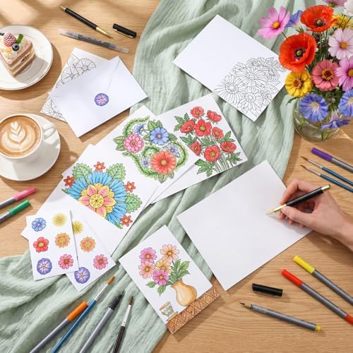 Gueevin 24 Pcs Flowers Coloring Greeting Cards with Envelopes, 4x6