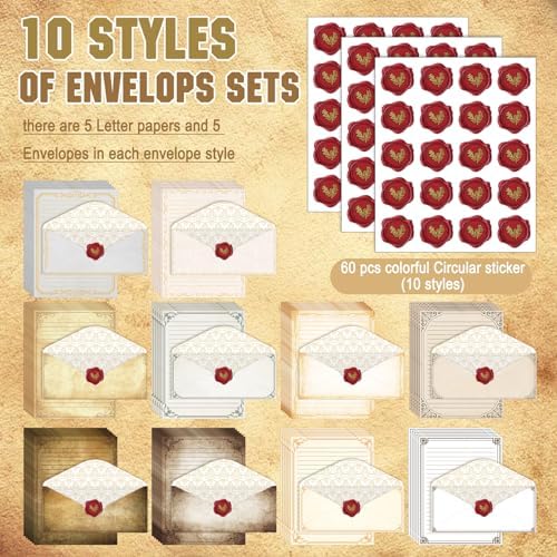 TaoBary 160 Pcs Stationery Paper Set 50 Double Sided Stationery Papers with 50 Matching Envelopes and 60 Round Dot Sticker, 10 Design(Retro,8.5 x 11 Inch)