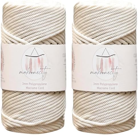 Makromecity 2 Skeins Polyester Macrame Cord 3mm x 131 Yards (394 Feet) Polypropylene Ecru Cord for Crochet, Crafts, Wall Hangings, Bags, Underplate, Rug