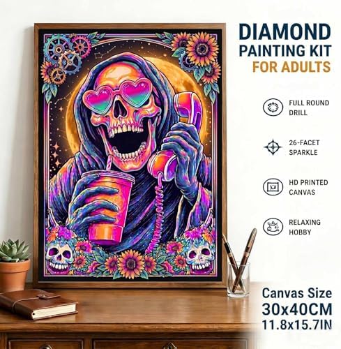 Halloween Diamond Art Kits for Adults, Trippy Gothic Skull Diamond Painting