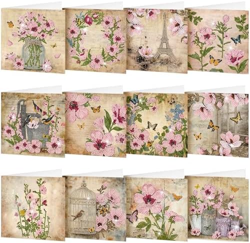 Saillong 12 Pack Vintage Floral Diamond Painting Greeting Card Kits Retro French Flower Diamond Art Cards with Envelopes Pink Flowers 5D Rhinestones Painting Kit for Adult DIY Craft Family Friend Gift