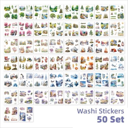 Colorful Landscape Theme Sticker Scrapbooking Supplies for Junk Journal, 50 Sheets Washi Stickers - Vintage Journaling Stickers, Ephemera Sticker Book Pre Cut(TZ-005-006)