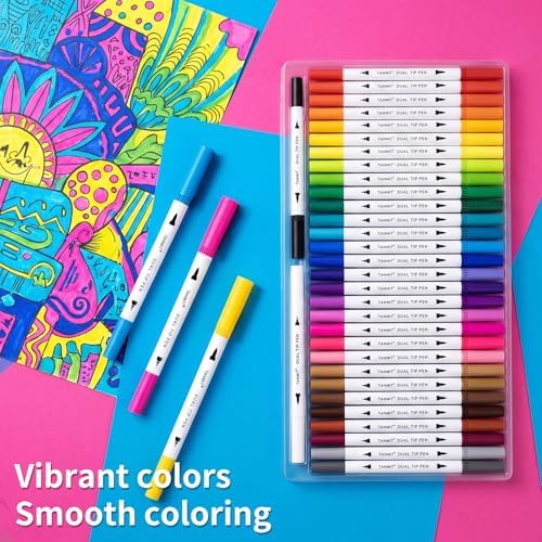 TANMIT 36 Dual-Tip Brush Pens, Art Markers for Adult Coloring Books | Dual Marker Pen With Brush + Fine Precision Tips for Calligraphy, Planners, Journaling, Note Taking & More