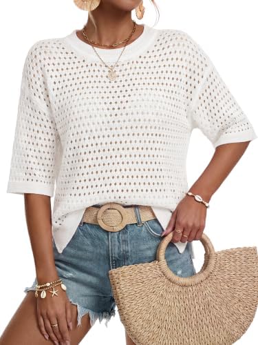 Arach&Cloz Women's Linen Blend Oversized Hollow Out Summer Crochet Tops