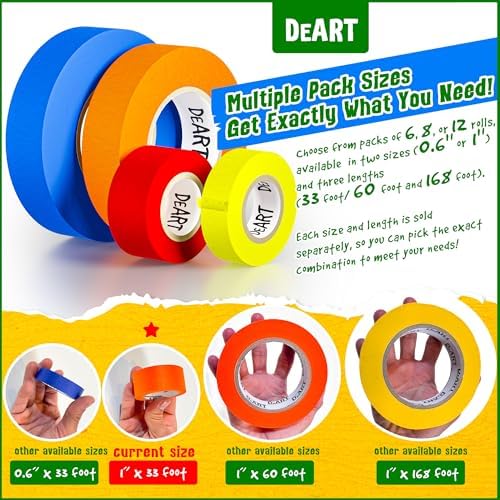 DEART 8X Colored Masking Tape, 33 Ft x 1 inch Colored Painters Tape for Arts & Crafts Labeling or Coding, Craft Supplies Color Tape Rolls, Colorful Masking Craft Tape, Lab Tape (Pack of 3)