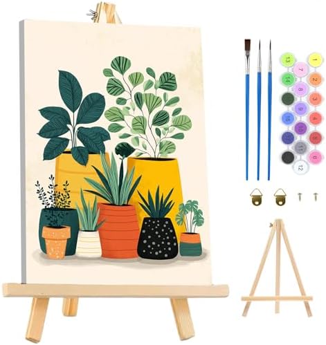 MAXBYE Green Plant Paint by Numbers Kit for Adults with Frame and Wooden Easel, Easy Painting Numbers Art Kits with Frame on Canvas, DIY Acrylic Painting Kit for Gift Home Wall Garden Decor 10×14 in
