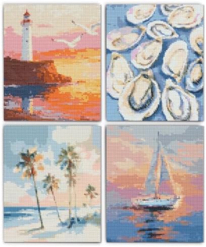XUNLURY Ocean Beach Diamond Art Kits 4 Pack 10x11.8 Inch, Beach House Room Decor,Tropical Coastal Ocean Oyster Palm Tree Nautical Sailboat DIY Diamond Gem Painting Art Kits for Kids Adults Beginners