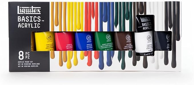 Liquitex BASICS Acrylic Paint Set, 8 x 75ml (2.4-oz) Tube Paint Set | Medium Viscosity, Satin Finish, Lightfast, Fine Art Pigments, Range of Opacities, Easy Blending