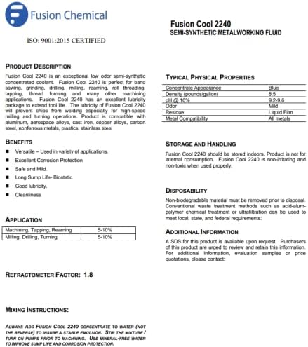 Machining, Grinding, and Cutting Fluid | Fusion Cool 2240 | General Purpose Coolant, Cutting Oil and Machine Shop Operations | Semisynthetic (5 Gallon)