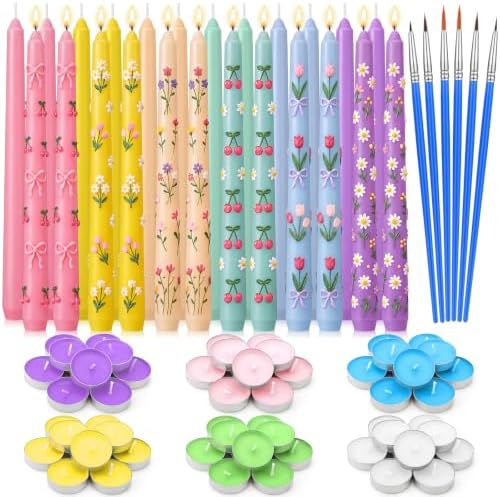 MTLEE 78 Pcs DIY Candle Painting Kit Include 12 Taper Candles 60 Colored Tealight Candles 6 Paint Brushes for Crafts Birthday Wedding Party Favors (Macaron Color)