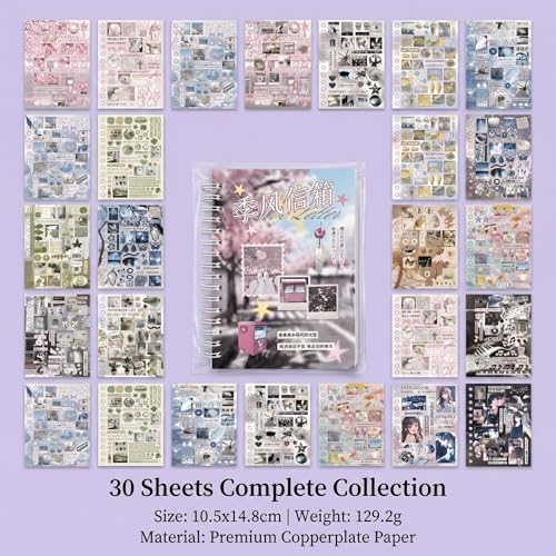 Japanese Sticker Book for Journaling and Scrapbooking, 30 Sheets Kawaii Y2K Aesthetic Paper Stickers for Junk Journal Supplies, Planner Decor, Collage, Vision Board and DIY Crafts, Monsoon Mailbox