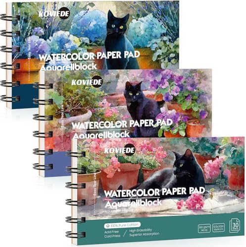 KOVIEDE 100% Cotton Watercolor Paper Pad 3.5"x5.5" (3 Pack, 30 Sheets Each)