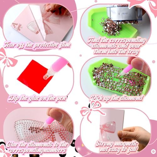 Saillong 12 Pack Pink Bow Diamond Painting Greeting Card Kits DIY Coquette Diamond Art Cards with Envelopes Cute Pink Bow 5D Rhinestones Painting Making Kits for Adults DIY Craft Family Friend Gifts