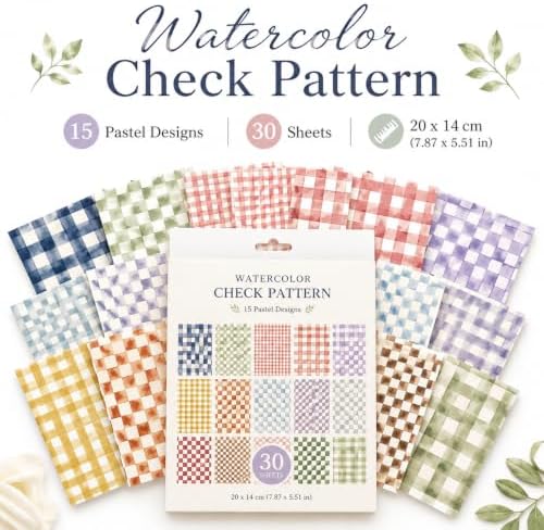 30 Sheets Watercolor Check Pattern Scrapbook Paper,Decorative Cardstock for Junk Journaling, DIY Gift Wrapping, Card Making & Photo Collage Background