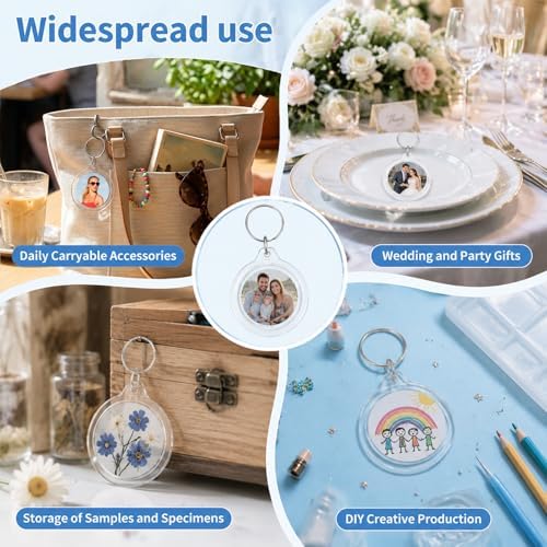 100 Pcs Photo Insert Keychain, Clear Acrylic Picture Keychains Round Blank Picture Frame Keyring Holder for DIY Crafts Wedding Bridal Party Favors Small Business Branding