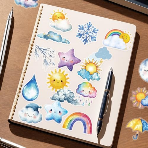 50 Cute Watercolor Weather Stickers for Scrapbooking – Waterproof Clear PET, Weather Decals with Sun, Clouds, Stars, Rainbows & Lightning – Aesthetic Clear Stickers for Journals, Planners, Crafting