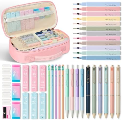 Taja Cute Pencil Case With School Supplies, 39 PCS, Stationery Set, Pink
