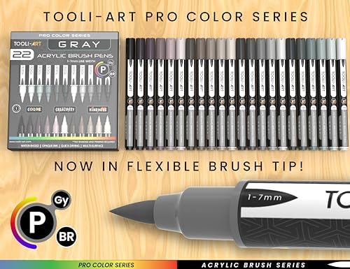 TOOLI-ART 22 Flexible Brush Tip Acrylic Paint Pens Markers Set 1-7mm Line for Rock Painting, Glass, Mugs, Wood, Metal, Canvas, Plastic. Non Toxic Waterbased Quick Drying Assorted Gray