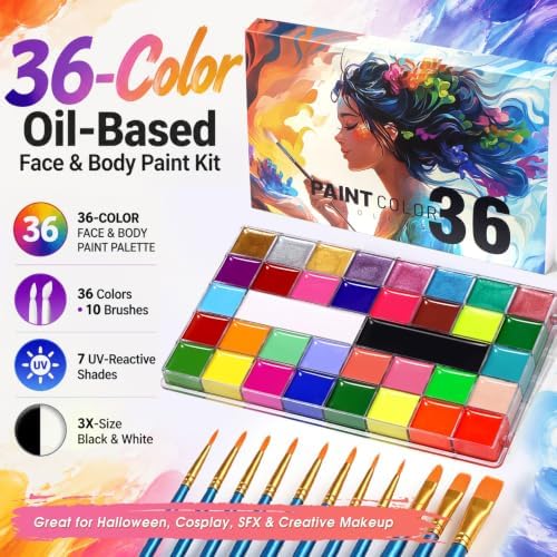 Face Body Paint Kit 36 Colors, 11 UV Neon Glow, 10 Brushes for Halloween