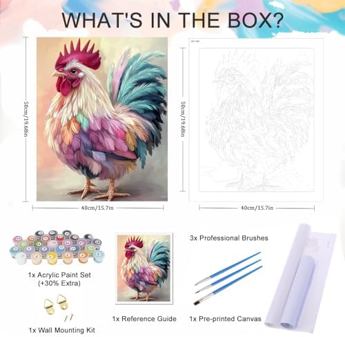 Natuyalo Paint by Numbers Kit for Adults - Colorful Rooster Adult Paint by Number Kits on Canvas Without Frame for Beginner, Animals Acrylic Painting by Numbers Kit for Gift Home Wall Decor 16x20 inch